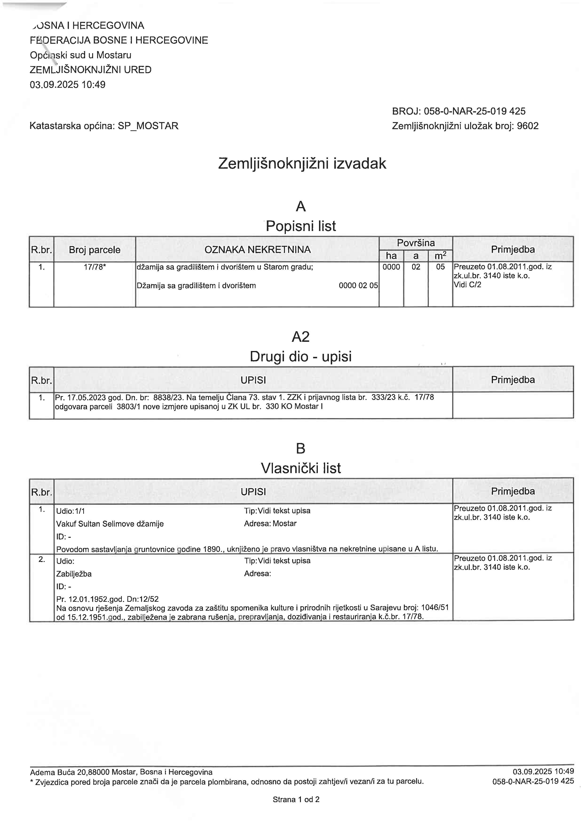 Z K izvadak Sultan Selimov mesdžid 1.jpg - Sultan Selimov mesdžid je uvijek bio i sada je u stopostotnom vlasništvu Islamske zajednice